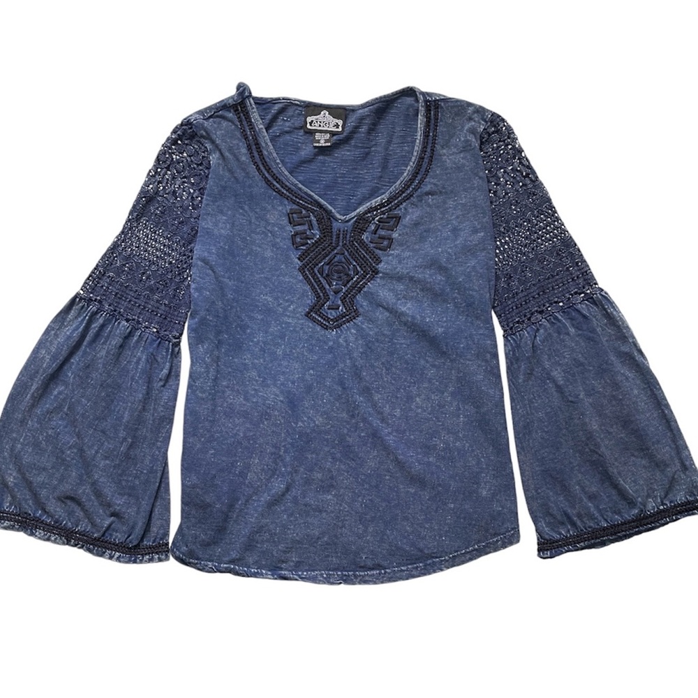 ANGIE Womens Medium Blouse T Shirt Blue Bell Sleeves Embroidered Slim Distressed